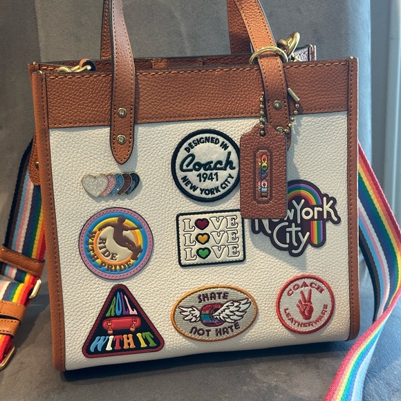 Coach Brown and White Pride Tote 22 with Colorful Patches